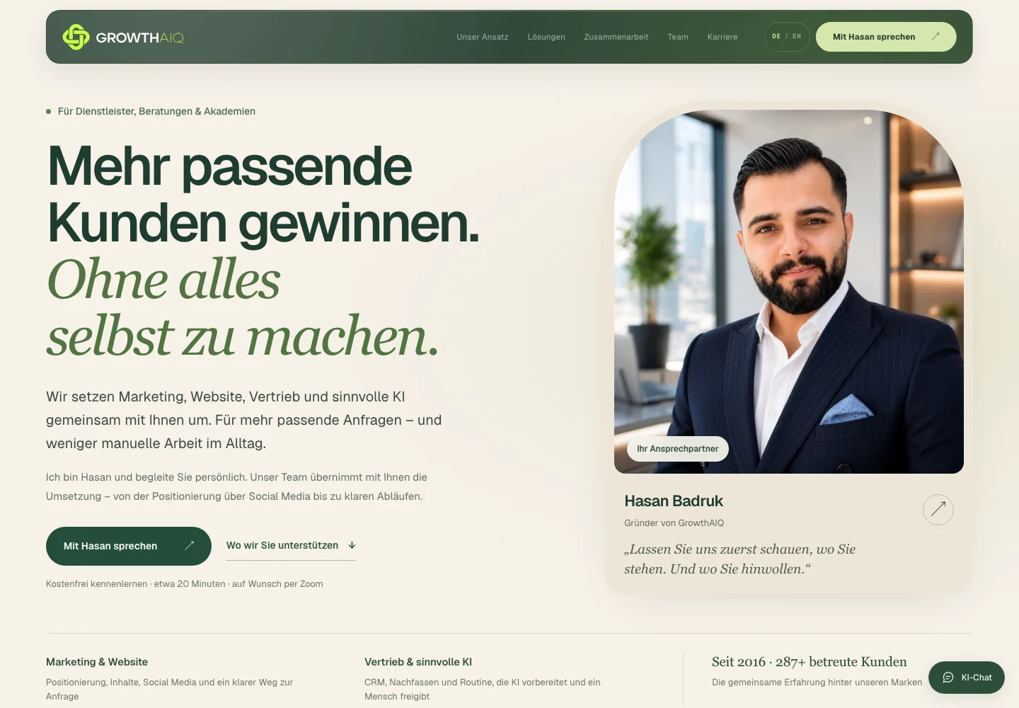 Screenshot der öffentlichen Growthaiq-Website