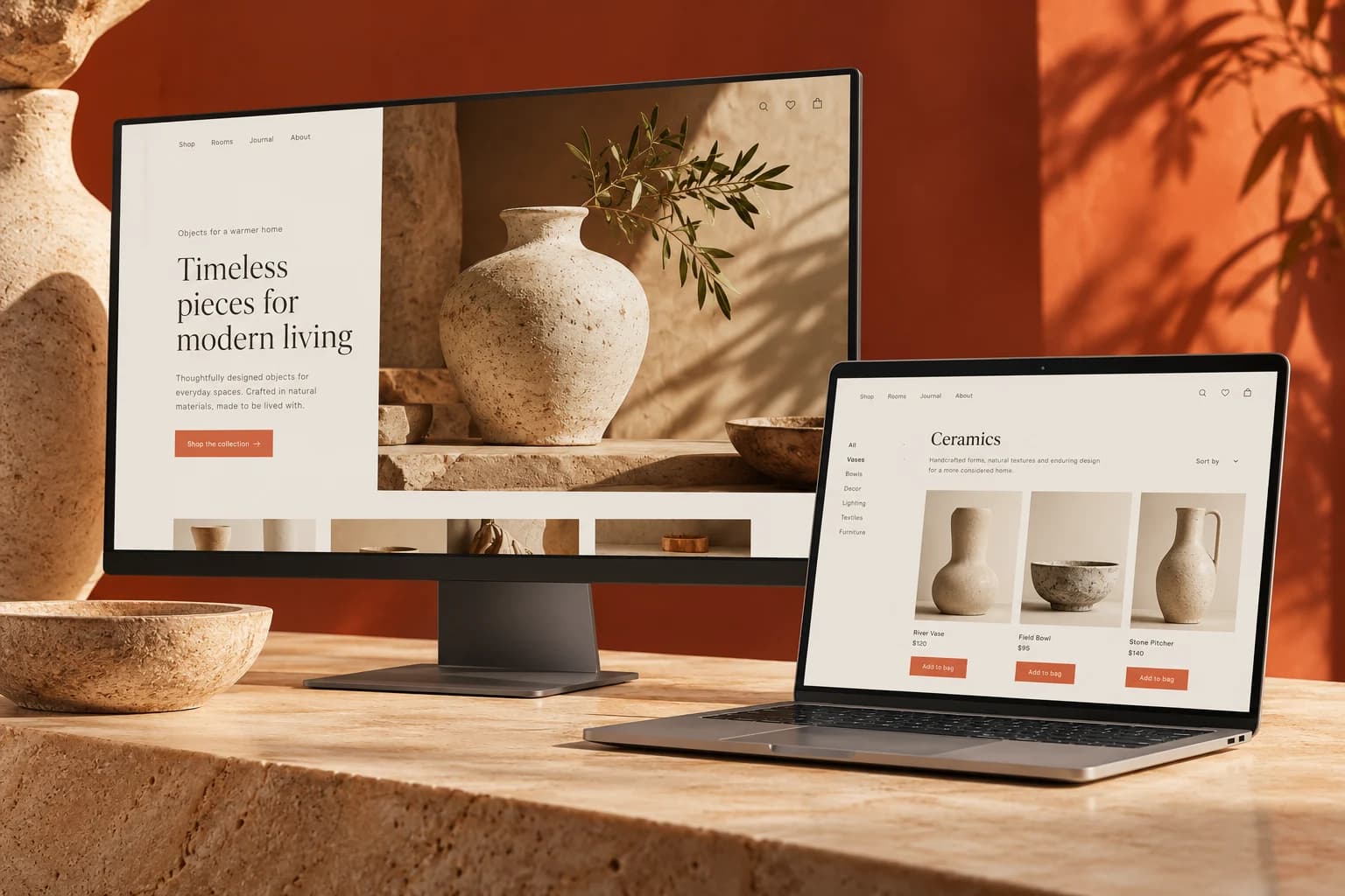 Website-Konzept: Onlineshop für Keramik auf Monitor und Laptop